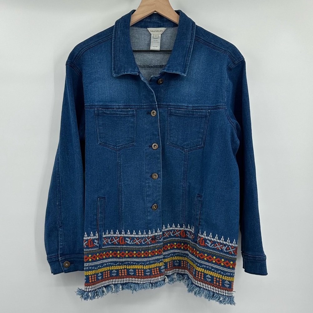 Jean Jacket Medium Wash Button Down With Embroidery Design 1X Multiples Brand